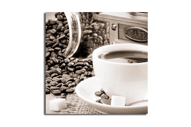 Canvas-taulu 45x45 cm - Kuppi kahvia kahvipapujen ja sokeripalojen ympäröimänä, Ruskea / Valkoinen / Harmaa