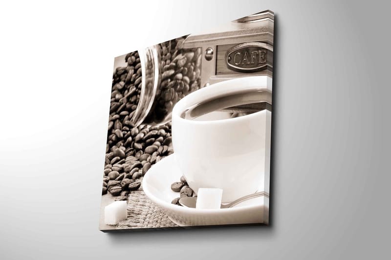 Canvas-taulu 45x45 cm - Kuppi kahvia kahvipapujen ja sokeripalojen ympäröimänä - Ruskea / Valkoinen / Harmaa - Sisustustuotteet - Taulu & taide - Canvas-taulu