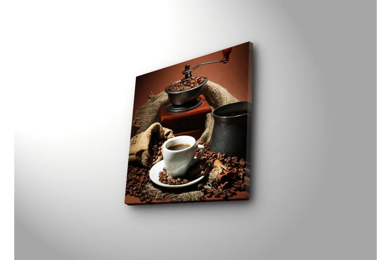 Canvas-taulu 45x45 cm - Kuppi vastakeitettyä kahvia kahvipapujen ja kahvimyllyn ympäröimänä - Tummanruskea / Musta / Beige - Sisustustuotteet - Taulu & taide - Canvas-taulu