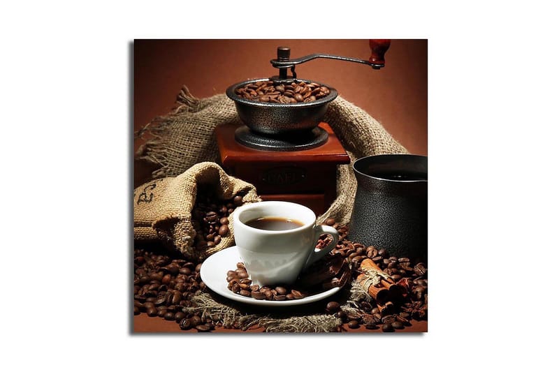 Canvas-taulu 45x45 cm - Kuppi vastakeitettyä kahvia kahvipapujen ja kahvimyllyn ympäröimänä, Tummanruskea / Musta / Beige