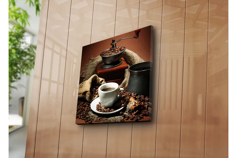 Canvas-taulu 45x45 cm - Kuppi vastakeitettyä kahvia kahvipapujen ja kahvimyllyn ympäröimänä - Tummanruskea / Musta / Beige - Sisustustuotteet - Taulu & taide - Canvas-taulu