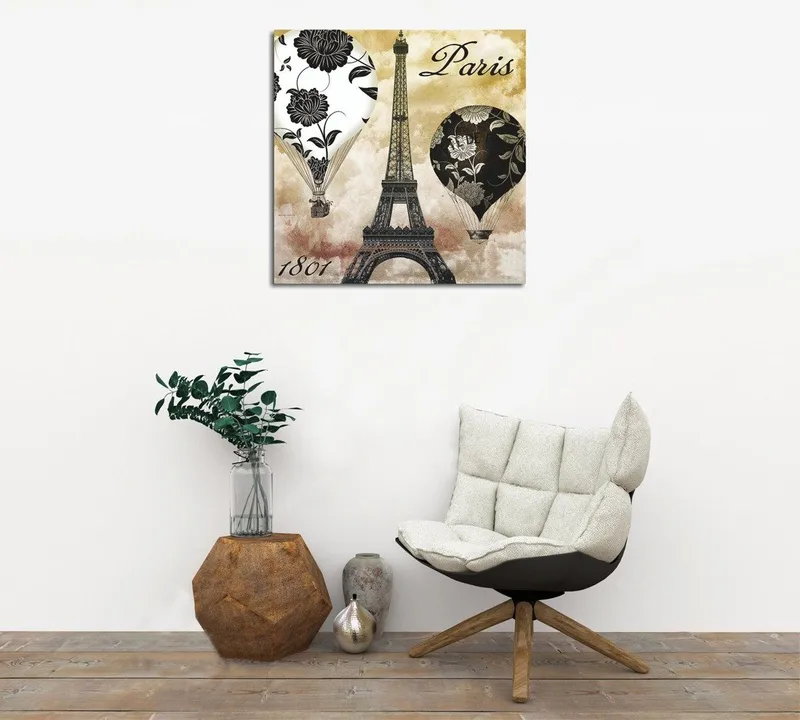 Canvas-taulu 45x45 cm - Kuumailmapalloja ja Eiffel-torni romanttisessa tyylissä, Musta / Beige / Valkoinen