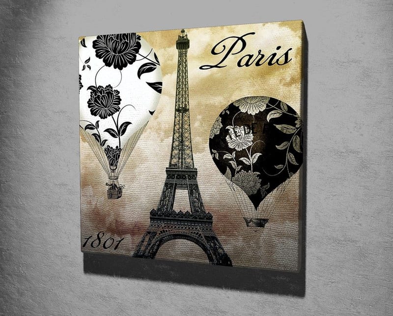Canvas-taulu 45x45 cm - Kuumailmapalloja ja Eiffel-torni romanttisessa tyylissä - Musta / Beige / Valkoinen - Sisustustuotteet - Taulu & taide - Canvas-taulu