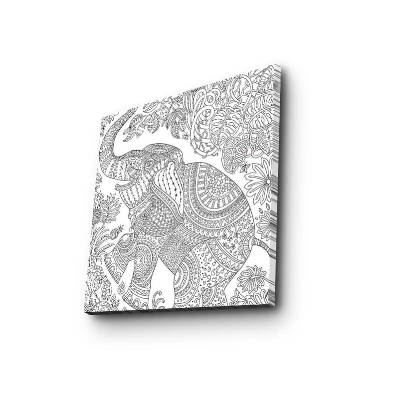 Canvas-taulu 45x45 cm - Kuviollinen norsu kukkien ja lehtien ympäröimänä, Musta / Valkoinen