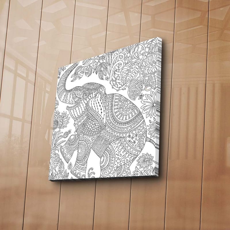 Canvas-taulu 45x45 cm - Kuviollinen norsu kukkien ja lehtien ympäröimänä - Musta / Valkoinen - Sisustustuotteet - Taulu & taide - Canvas-taulu