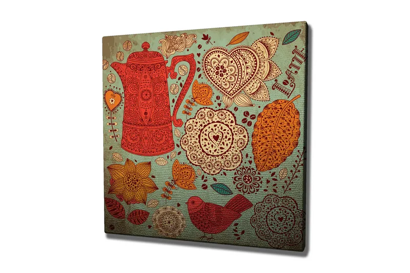 Canvas-taulu 45x45 cm - Kuviollinen teekannu kukkien ja lehtien ympäröimänä - Punainen / Oranssi / Keltainen - Sisustustuotteet - Taulu & taide - Canvas-taulu