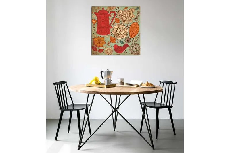 Canvas-taulu 45x45 cm - Kuviollinen teekannu kukkien ja lehtien ympäröimänä - Punainen / Oranssi / Keltainen - Sisustustuotteet - Taulu & taide - Canvas-taulu