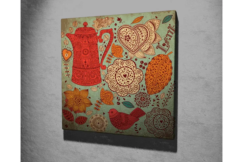 Canvas-taulu 45x45 cm - Kuviollinen teekannu kukkien ja lehtien ympäröimänä - Punainen / Oranssi / Keltainen - Sisustustuotteet - Taulu & taide - Canvas-taulu