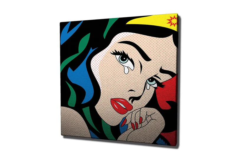 Canvas-taulu 45x45 cm - Kyynelten täyttämä nainen vahvoilla väreillä ja dramaattisella ilmeellä, Punainen / Sininen / Vihreä