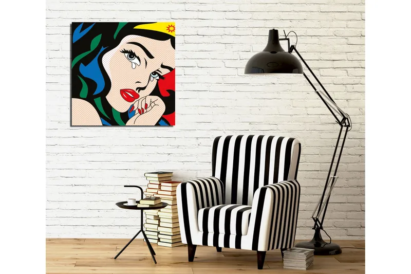 Canvas-taulu 45x45 cm - Kyynelten täyttämä nainen vahvoilla väreillä ja dramaattisella ilmeellä - Punainen / Sininen / Vihreä - Sisustustuotteet - Taulu & taide - Canvas-taulu