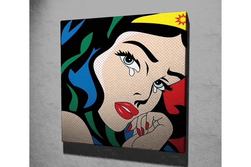 Canvas-taulu 45x45 cm - Kyynelten täyttämä nainen vahvoilla väreillä ja dramaattisella ilmeellä - Punainen / Sininen / Vihreä - Sisustustuotteet - Taulu & taide - Canvas-taulu