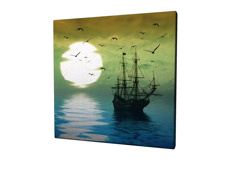 Canvas-taulu 45x45 cm - Laivoja peilimäisillä vesipinnoilla tunnelmallisen auringonlaskun aikaan - Tummansininen / Vihreä / Valkoinen - Sisustustuotteet - Taulu & taide - Canvas-taulu