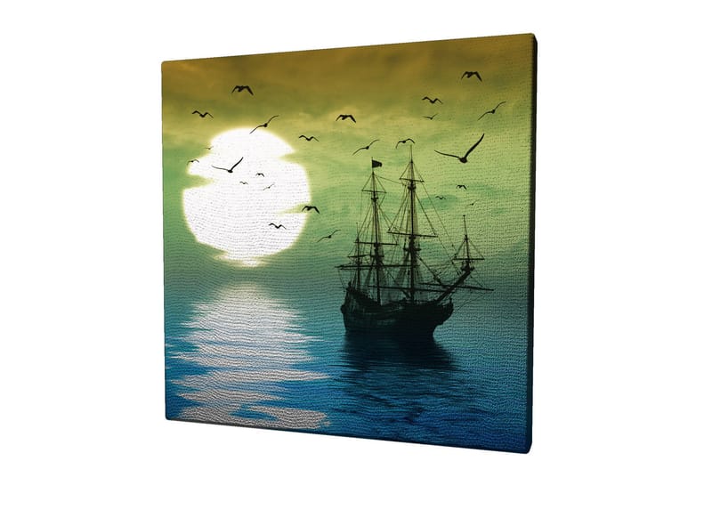 Canvas-taulu 45x45 cm - Laivoja peilimäisillä vesipinnoilla tunnelmallisen auringonlaskun aikaan - Tummansininen / Vihreä / Valkoinen - Sisustustuotteet - Taulu & taide - Canvas-taulu