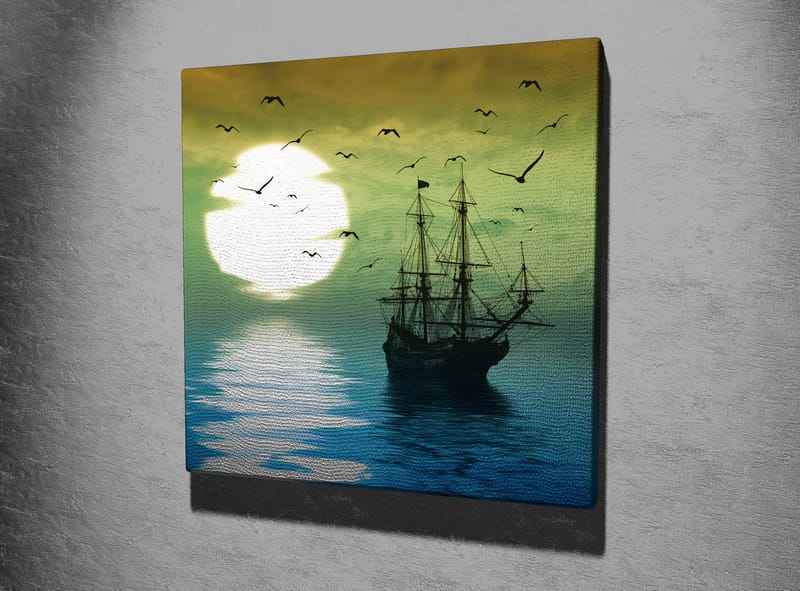 Canvas-taulu 45x45 cm - Laivoja peilimäisillä vesipinnoilla tunnelmallisen auringonlaskun aikaan - Tummansininen / Vihreä / Valkoinen - Sisustustuotteet - Taulu & taide - Canvas-taulu