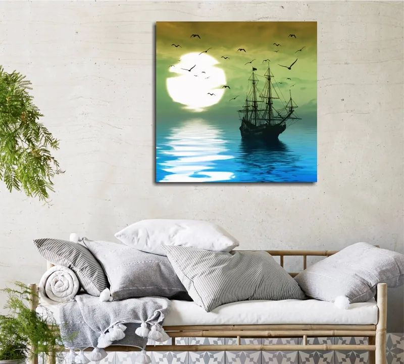 Canvas-taulu 45x45 cm - Laivoja peilimäisillä vesipinnoilla tunnelmallisen auringonlaskun aikaan, Tummansininen / Vihreä / Valkoinen