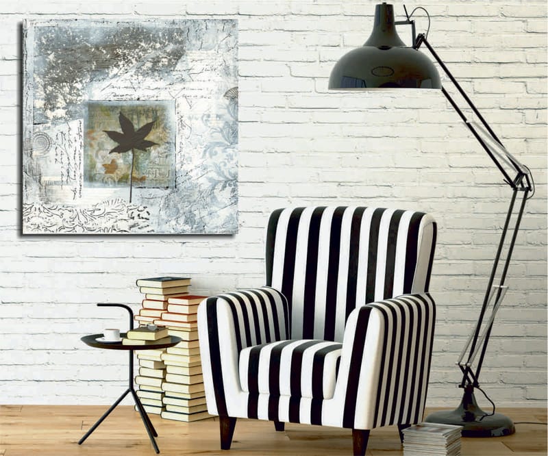 Canvas-taulu 45x45 cm - Lehden siluetti abstraktia taustaa vasten, Musta / Sininen / Vihreä