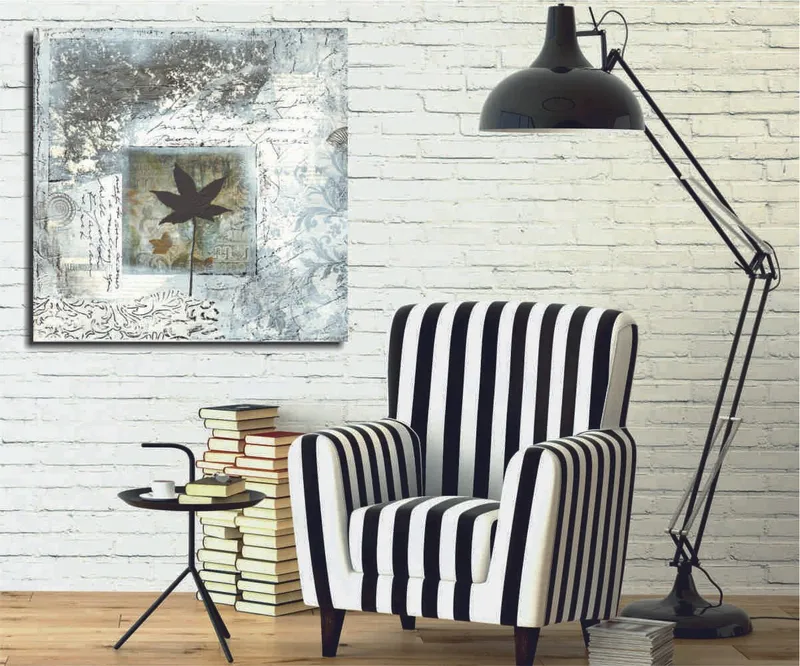 Canvas-taulu 45x45 cm - Lehden siluetti abstraktia taustaa vasten, Musta / Sininen / Vihreä