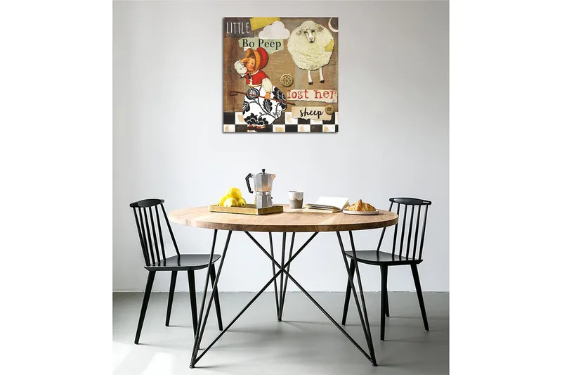 Canvas-taulu 45x45 cm - Leikkisä kohtaus tytöstä etsimässä lampaitaan, Beige / Musta / Punainen