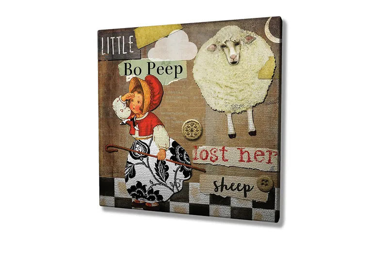 Canvas-taulu 45x45 cm - Leikkisä kohtaus tytöstä etsimässä lampaitaan - Beige / Musta / Punainen - Sisustustuotteet - Taulu & taide - Canvas-taulu