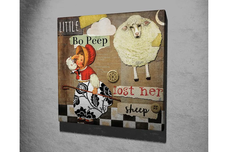 Canvas-taulu 45x45 cm - Leikkisä kohtaus tytöstä etsimässä lampaitaan - Beige / Musta / Punainen - Sisustustuotteet - Taulu & taide - Canvas-taulu