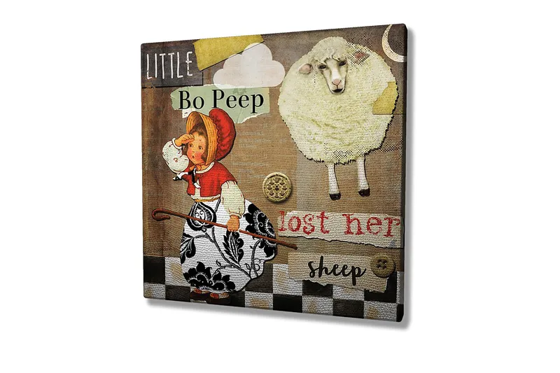 Canvas-taulu 45x45 cm - Leikkisä kohtaus tytöstä etsimässä lampaitaan - Beige / Musta / Punainen - Sisustustuotteet - Taulu & taide - Canvas-taulu