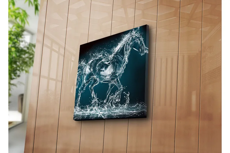 Canvas-taulu 45x45 cm - Liikkeessä oleva hevonen näkyy vesiroiskeiden läpi - Sininen / Läpinäkyvä / Valkoinen - Sisustustuotteet - Taulu & taide - Canvas-taulu