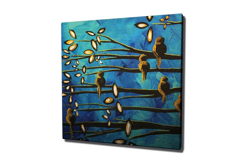 Canvas-taulu 45x45 cm - Linnut oksilla sinistä taustaa vasten - Sininen / Ruskea / Valkoinen - Sisustustuotteet - Taulu & taide - Canvas-taulu