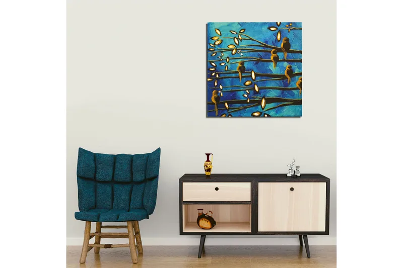 Canvas-taulu 45x45 cm - Linnut oksilla sinistä taustaa vasten - Sininen / Ruskea / Valkoinen - Sisustustuotteet - Taulu & taide - Canvas-taulu