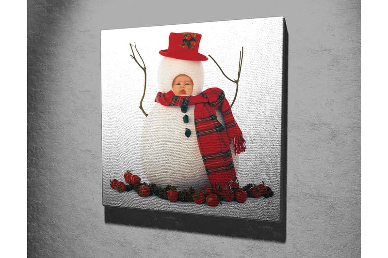 Canvas-taulu 45x45 cm - Lumiukko punaisessa hatussa ja huivissa, tonttujen ympäröimänä - Valkoinen / Punainen / Musta - Sisustustuotteet - Taulu & taide - Canvas-taulu