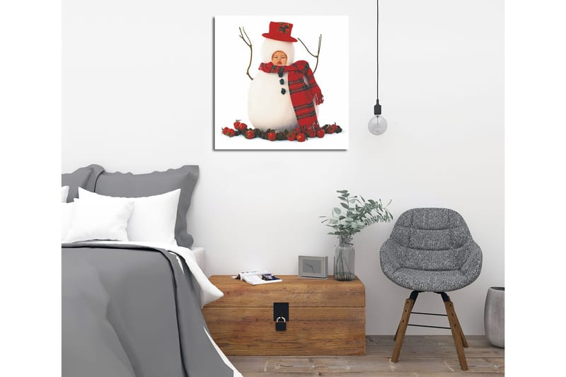 Canvas-taulu 45x45 cm - Lumiukko punaisessa hatussa ja huivissa, tonttujen ympäröimänä, Valkoinen / Punainen / Musta