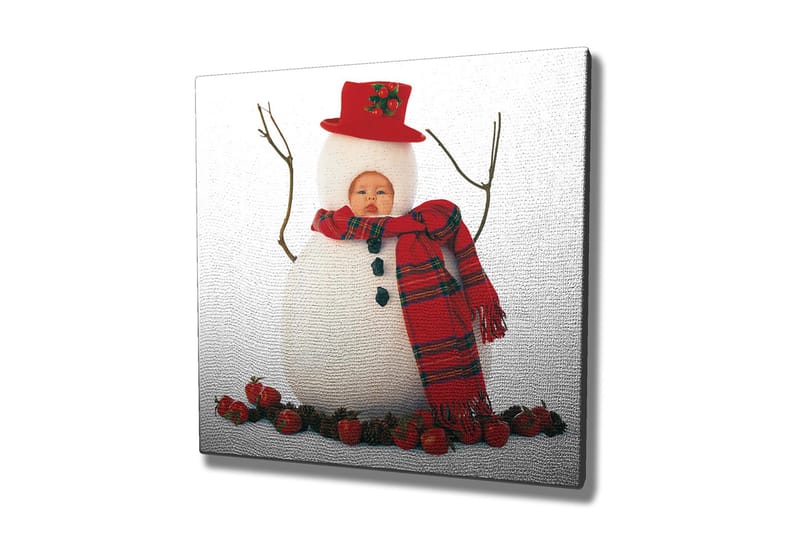 Canvas-taulu 45x45 cm - Lumiukko punaisessa hatussa ja huivissa, tonttujen ympäröimänä - Valkoinen / Punainen / Musta - Sisustustuotteet - Taulu & taide - Canvas-taulu