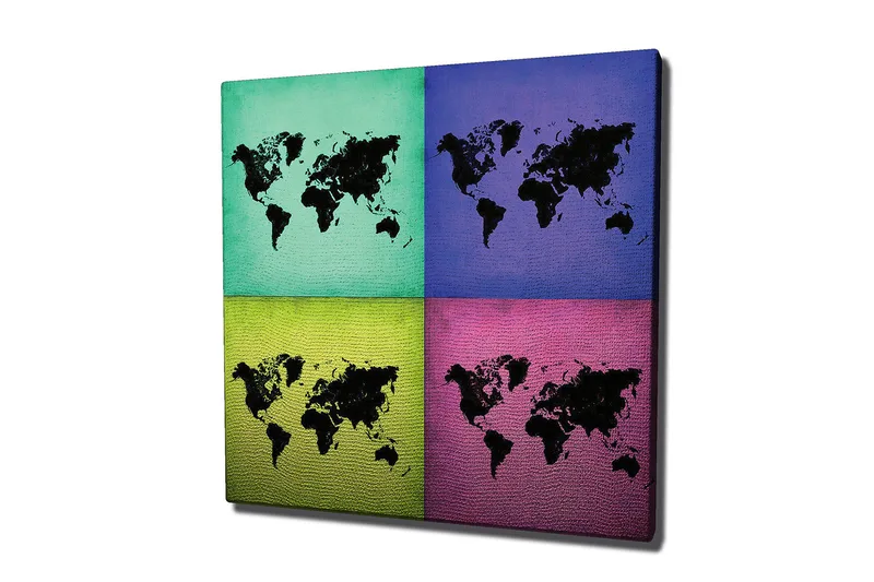 Canvas-taulu 45x45 cm - Maailmankartta neljässä värikkäässä osiossa, Turkoosi / Violetti / Vihreä