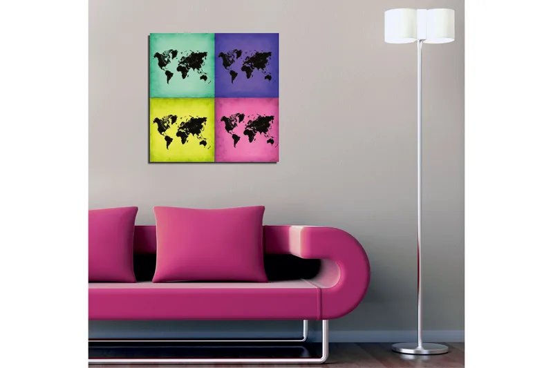 Canvas-taulu 45x45 cm - Maailmankartta neljässä värikkäässä osiossa - Turkoosi / Violetti / Vihreä - Sisustustuotteet - Taulu & taide - Canvas-taulu