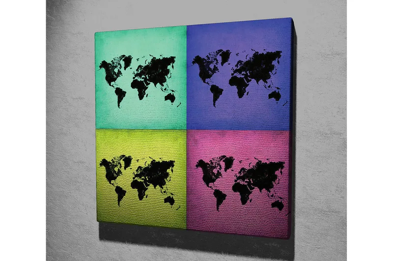 Canvas-taulu 45x45 cm - Maailmankartta neljässä värikkäässä osiossa - Turkoosi / Violetti / Vihreä - Sisustustuotteet - Taulu & taide - Canvas-taulu