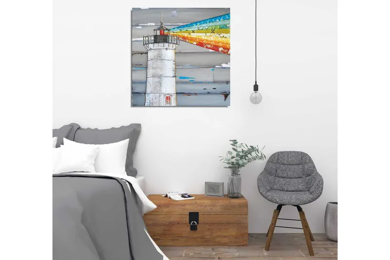 Canvas-taulu 45x45 cm - Majakka värikkäine valonsäteineen, jotka ulottuvat meren yli - Harmaa / Sininen / Oranssi - Sisustustuotteet - Taulu & taide - Canvas-taulu