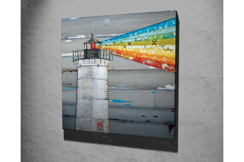 Canvas-taulu 45x45 cm - Majakka värikkäine valonsäteineen, jotka ulottuvat meren yli - Harmaa / Sininen / Oranssi - Sisustustuotteet - Taulu & taide - Canvas-taulu
