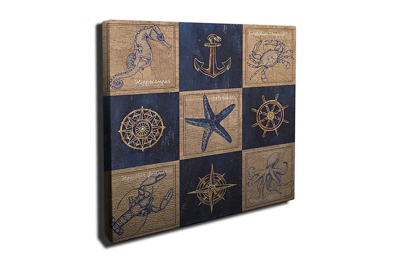 Canvas-taulu 45x45 cm - Merellinen sommitelma merieläimillä ja navigointisymboleilla, Tummansininen / Beige / Kulta