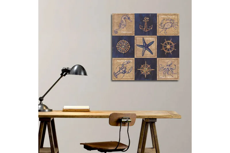 Canvas-taulu 45x45 cm - Merellinen sommitelma merieläimillä ja navigointisymboleilla - Tummansininen / Beige / Kulta - Sisustustuotteet - Taulu & taide - Canvas-taulu