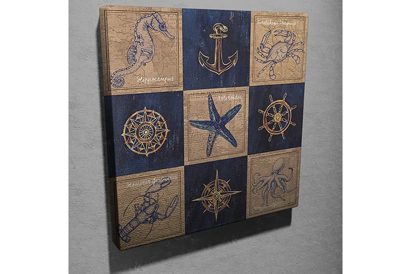 Canvas-taulu 45x45 cm - Merellinen sommitelma merieläimillä ja navigointisymboleilla - Tummansininen / Beige / Kulta - Sisustustuotteet - Taulu & taide - Canvas-taulu