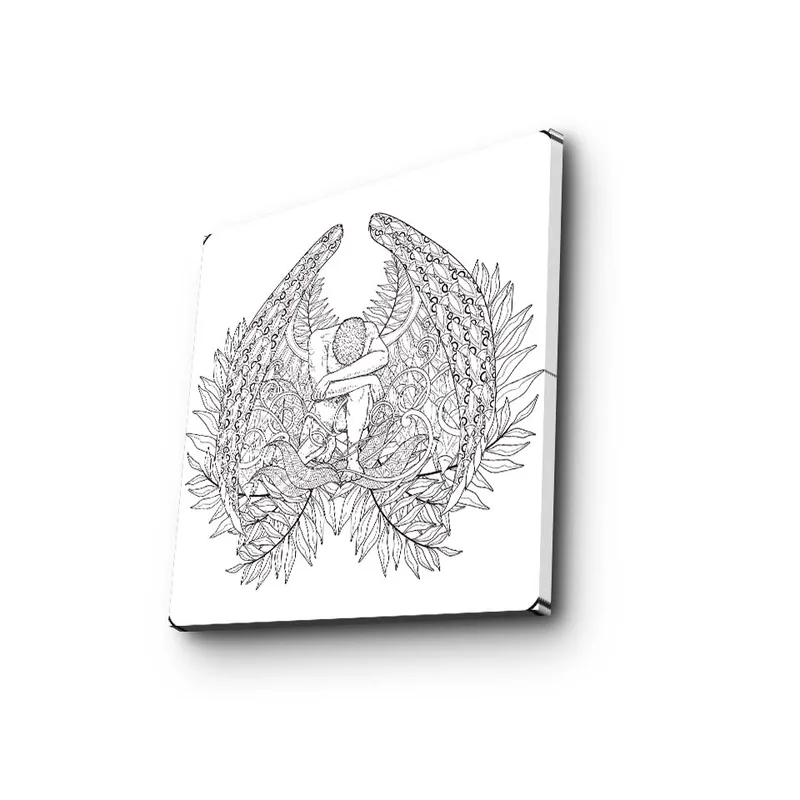 Canvas-taulu 45x45 cm - Mielikuvituksellinen aihe, jossa hahmoa ympäröivät suuret, yksityiskohtaiset siivet ja kasvillisuus - Musta / Harmaa / Valkoinen - Sisustustuotteet - Taulu & taide - Canvas-taulu