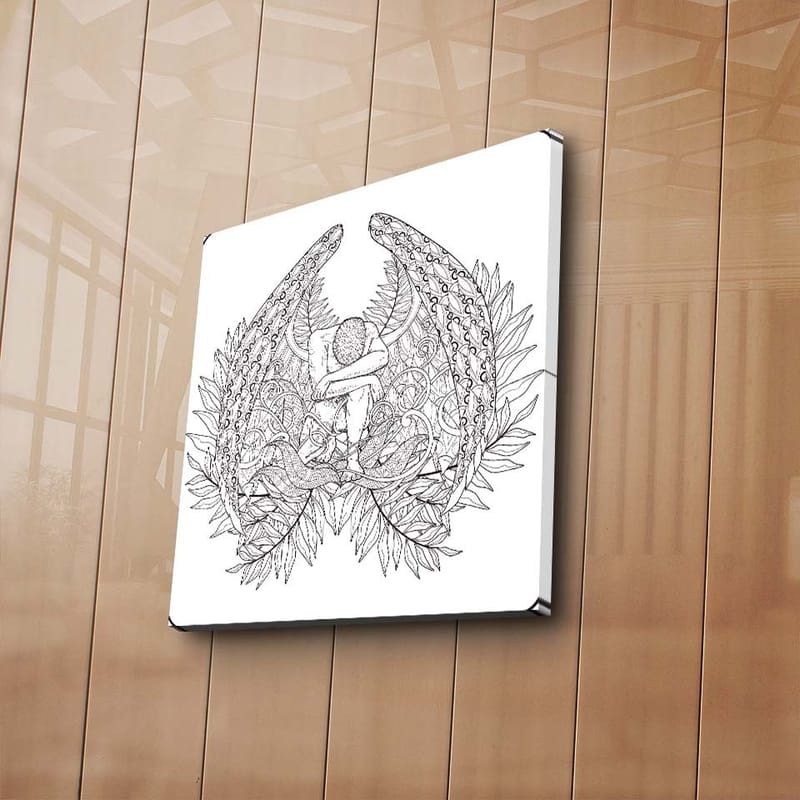 Canvas-taulu 45x45 cm - Mielikuvituksellinen aihe, jossa hahmoa ympäröivät suuret, yksityiskohtaiset siivet ja kasvillisuus - Musta / Harmaa / Valkoinen - Sisustustuotteet - Taulu & taide - Canvas-taulu