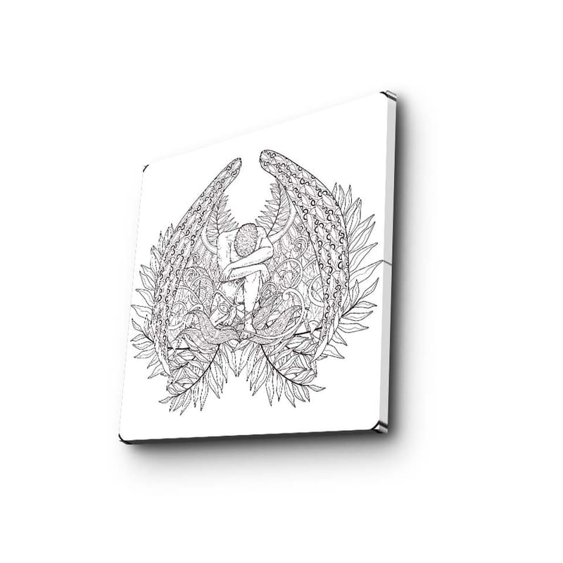 Canvas-taulu 45x45 cm - Mielikuvituksellinen aihe, jossa hahmoa ympäröivät suuret, yksityiskohtaiset siivet ja kasvillisuus - Musta / Harmaa / Valkoinen - Sisustustuotteet - Taulu & taide - Canvas-taulu