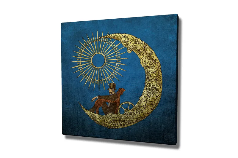 Canvas-taulu 45x45 cm - Mies istuu kuulla auringonsäteiden loisteessa taustalla, Sininen / kulta