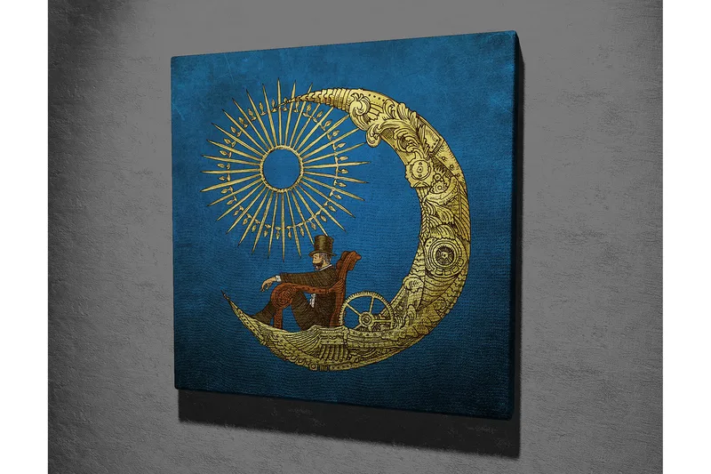 Canvas-taulu 45x45 cm - Mies istuu kuulla auringonsäteiden loisteessa taustalla - Sininen / kulta - Sisustustuotteet - Taulu & taide - Canvas-taulu