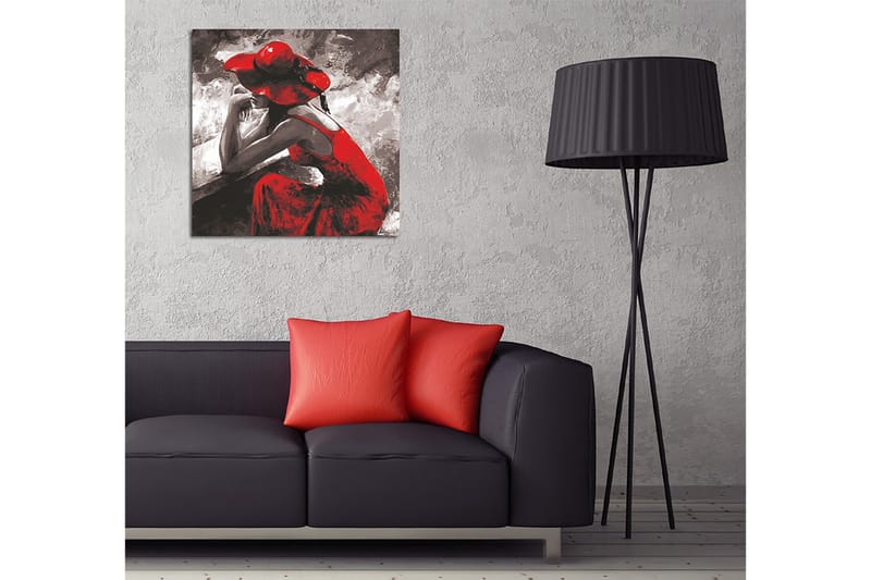 Canvas-taulu 45x45 cm - Mietteliäänä istuva naishahmo punaisessa mekossa ja hatussa - Punainen / Musta / Harmaa - Sisustustuotteet - Taulu & taide - Canvas-taulu