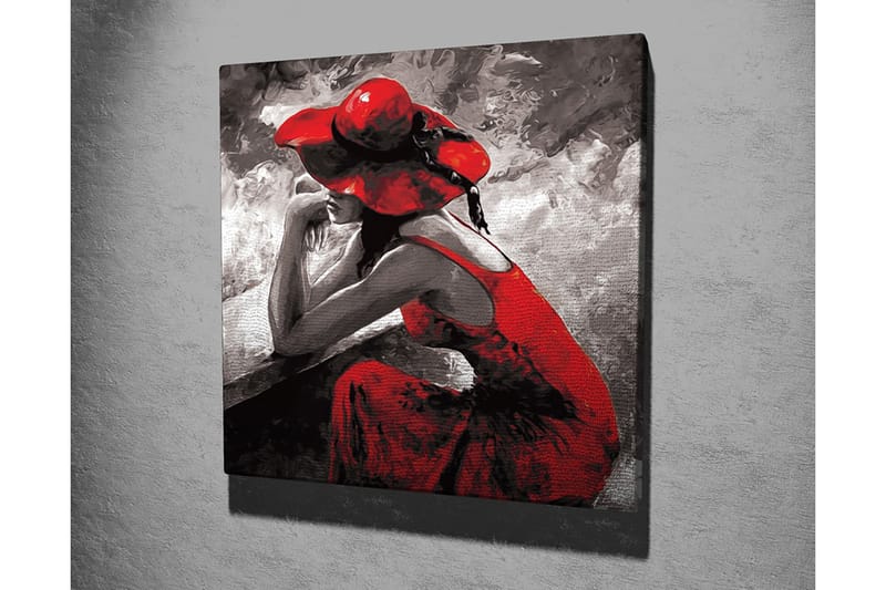 Canvas-taulu 45x45 cm - Mietteliäänä istuva naishahmo punaisessa mekossa ja hatussa - Punainen / Musta / Harmaa - Sisustustuotteet - Taulu & taide - Canvas-taulu