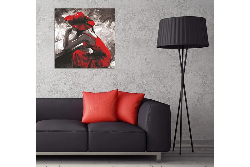 Canvas-taulu 45x45 cm - Mietteliäänä istuva naishahmo punaisessa mekossa ja hatussa - Punainen / Musta / Harmaa - Sisustustuotteet - Taulu & taide - Canvas-taulu