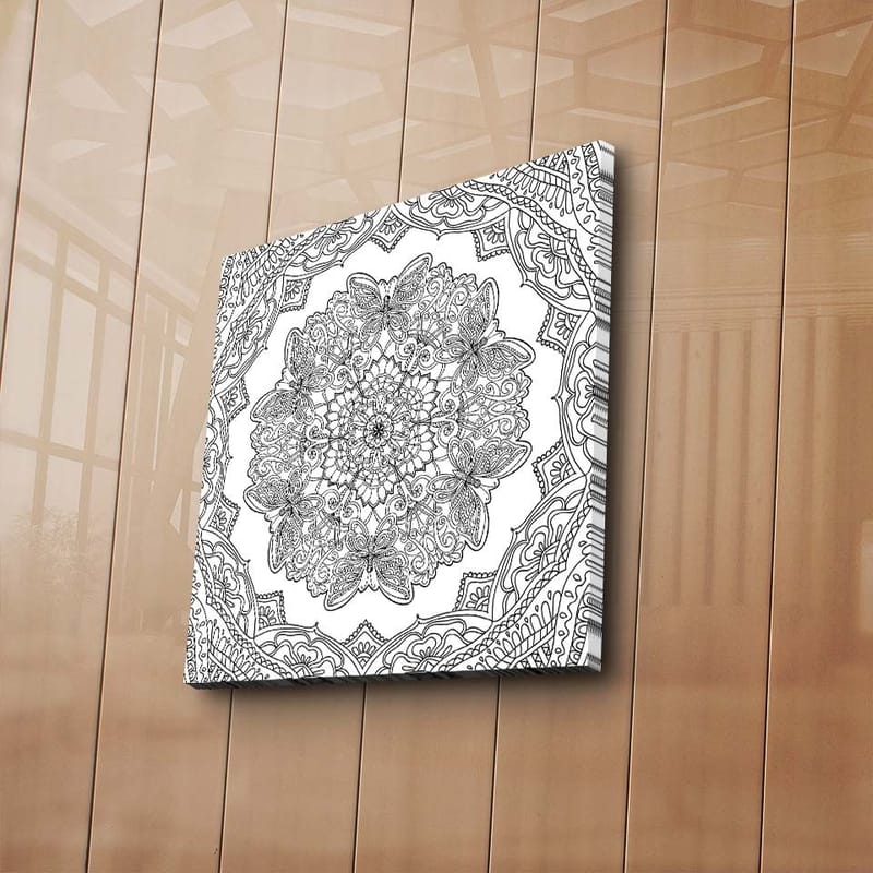 Canvas-taulu 45x45 cm - Monimutkainen mandala perhosilla ja kukilla - Musta / Valkoinen - Sisustustuotteet - Taulu & taide - Canvas-taulu