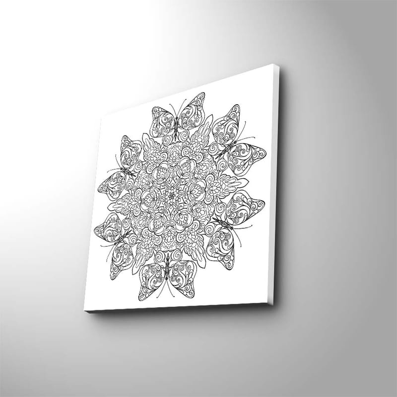 Canvas-taulu 45x45 cm - Monimutkainen mandala perhosilla ja kukilla, Musta / Valkoinen
