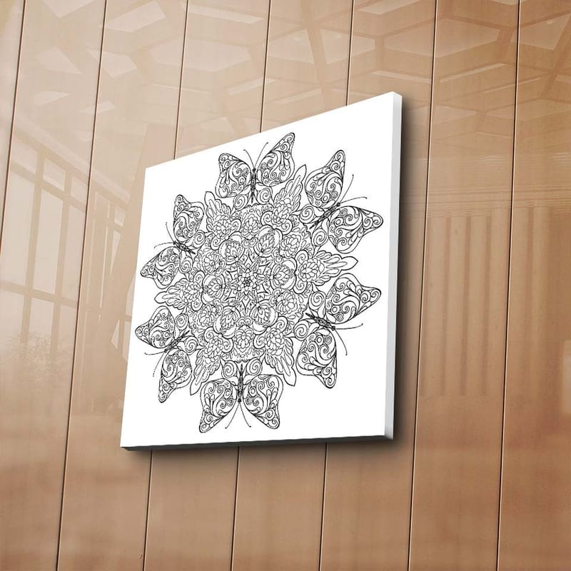 Canvas-taulu 45x45 cm - Monimutkainen mandala perhosilla ja kukilla - Musta / Valkoinen - Sisustustuotteet - Taulu & taide - Canvas-taulu